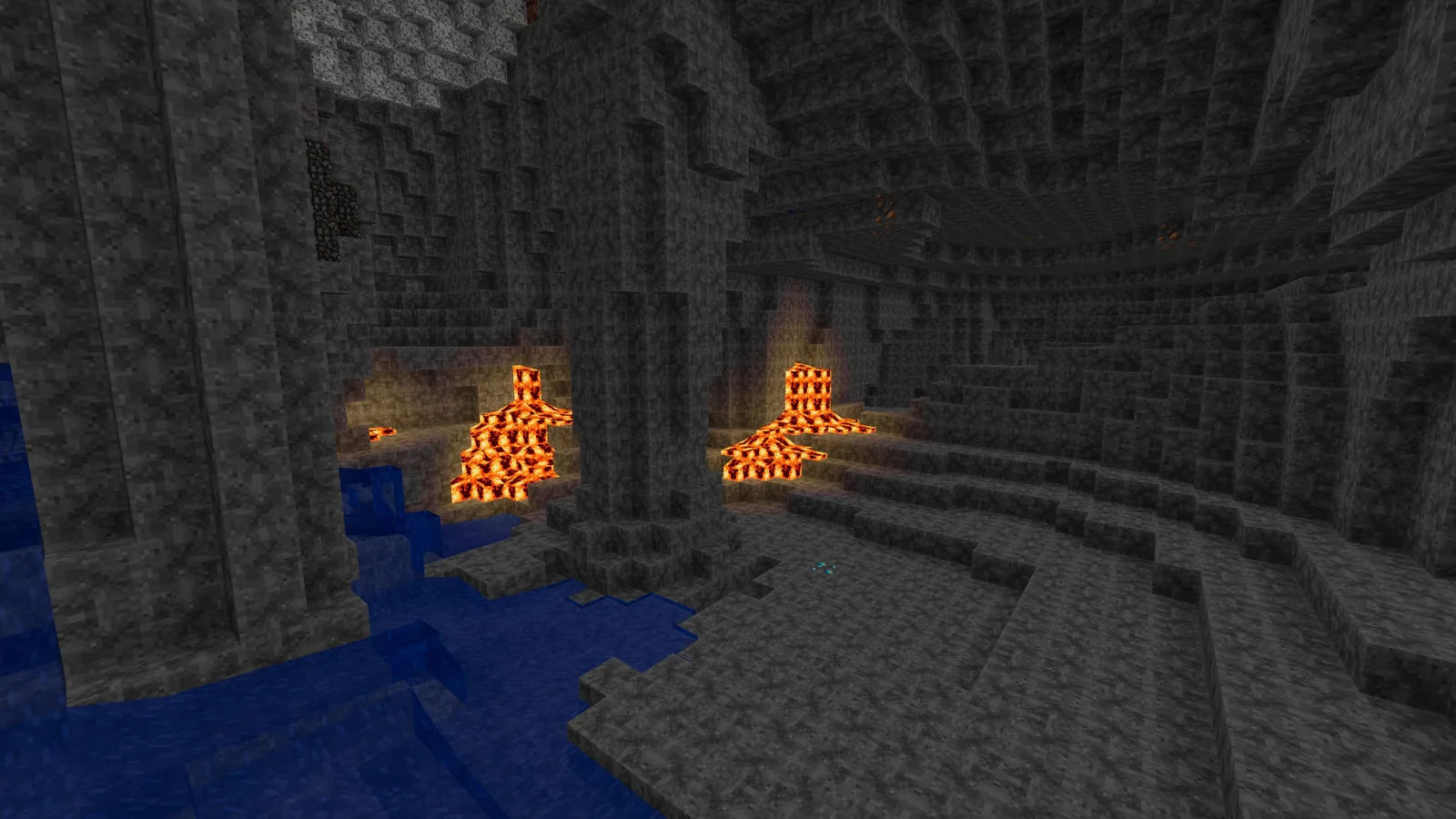 A cave with lava and ores in its walls