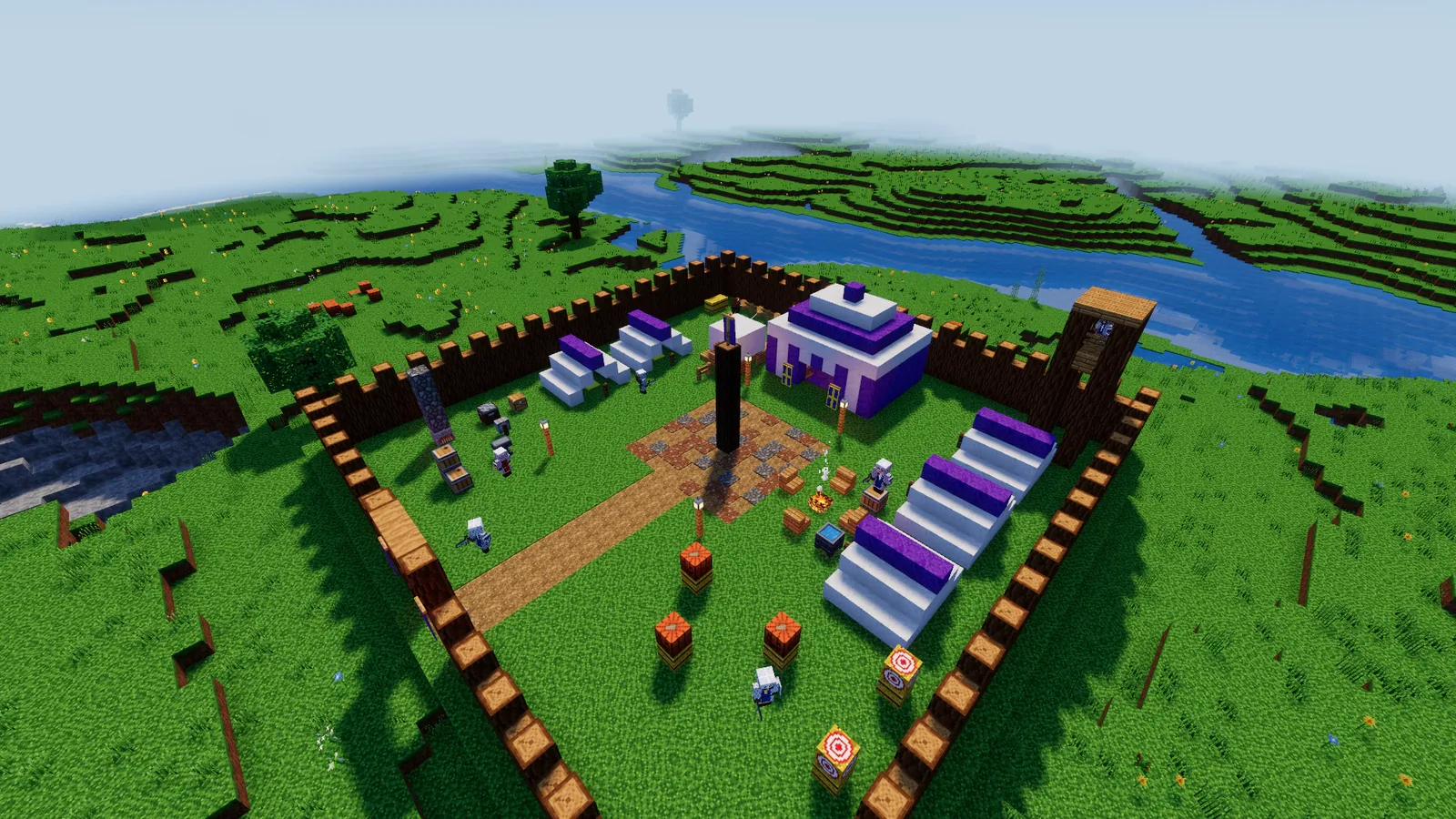 An army camp of tents inside a palisade of logs