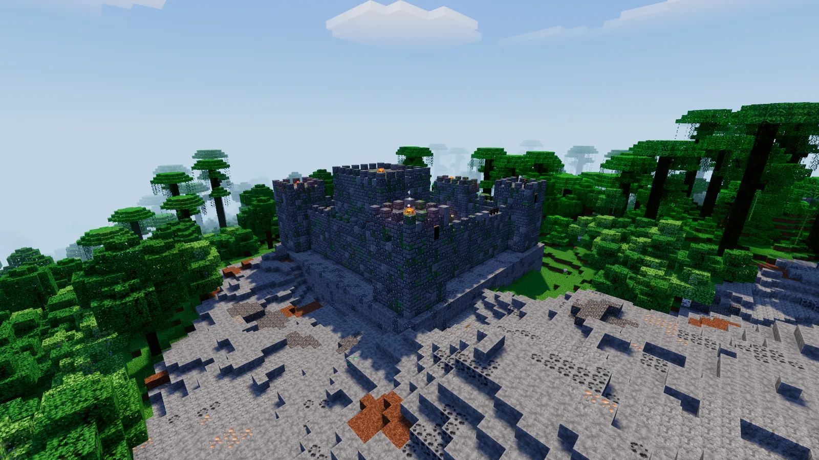 A dark stone fortress with towers on a crag