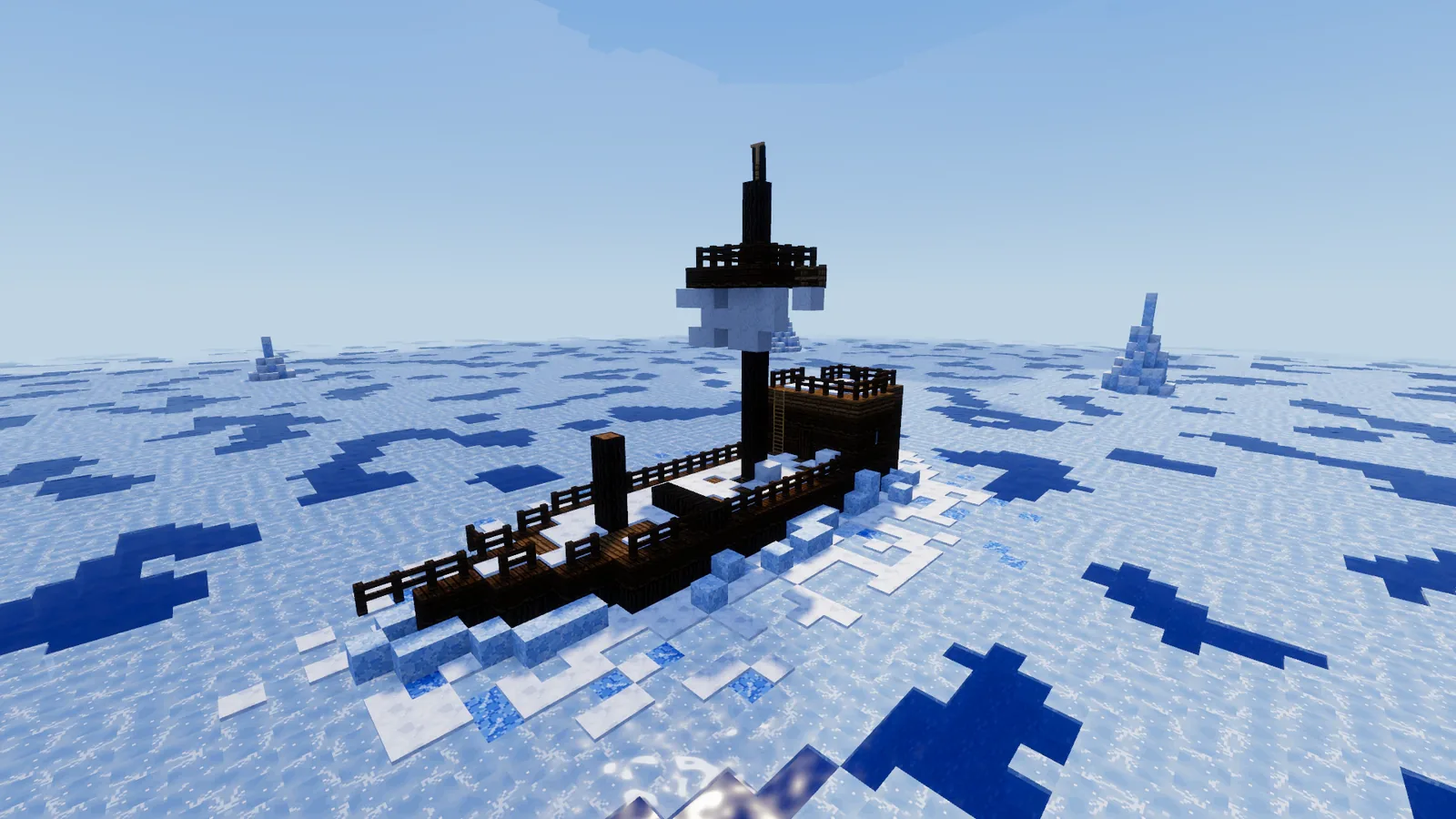 A pirate ship locked in the ice of a frozen sea