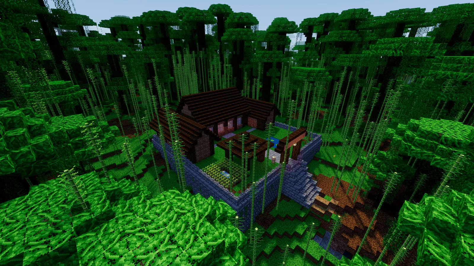 A monastery on a stone terrace among bamboo