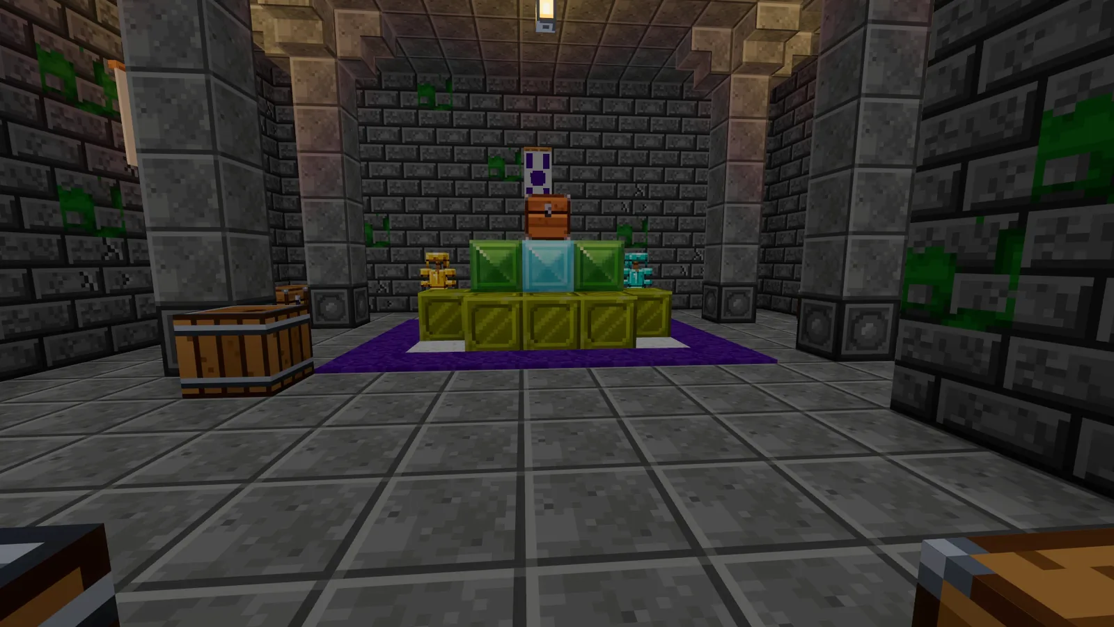A vault with gold blocks, chests and suits of armour
