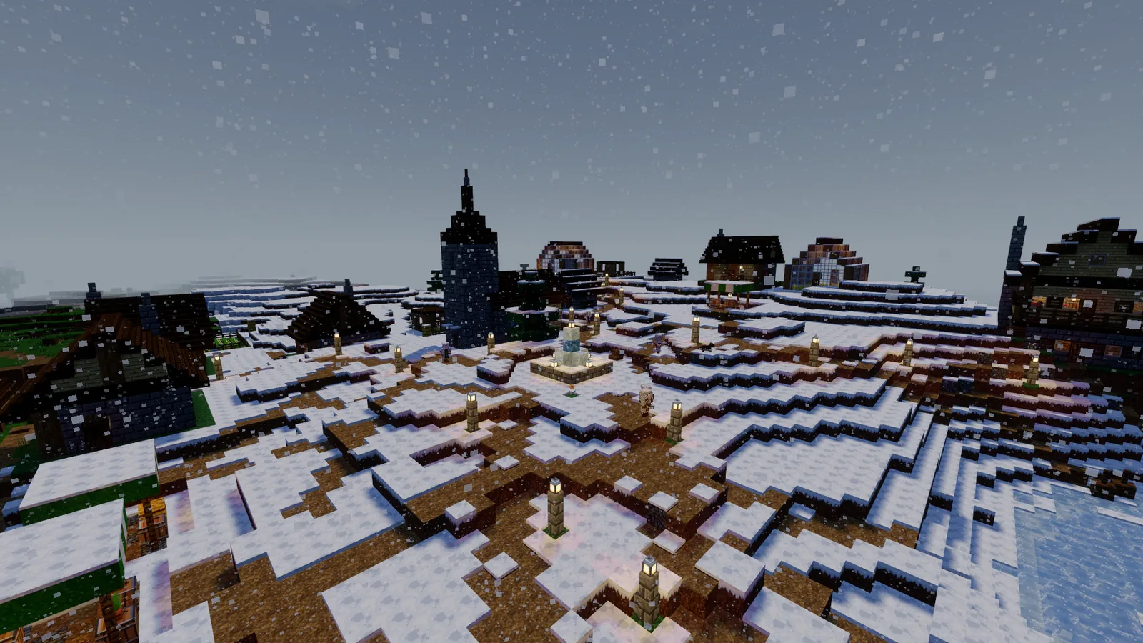 Snow falling on a snowy village