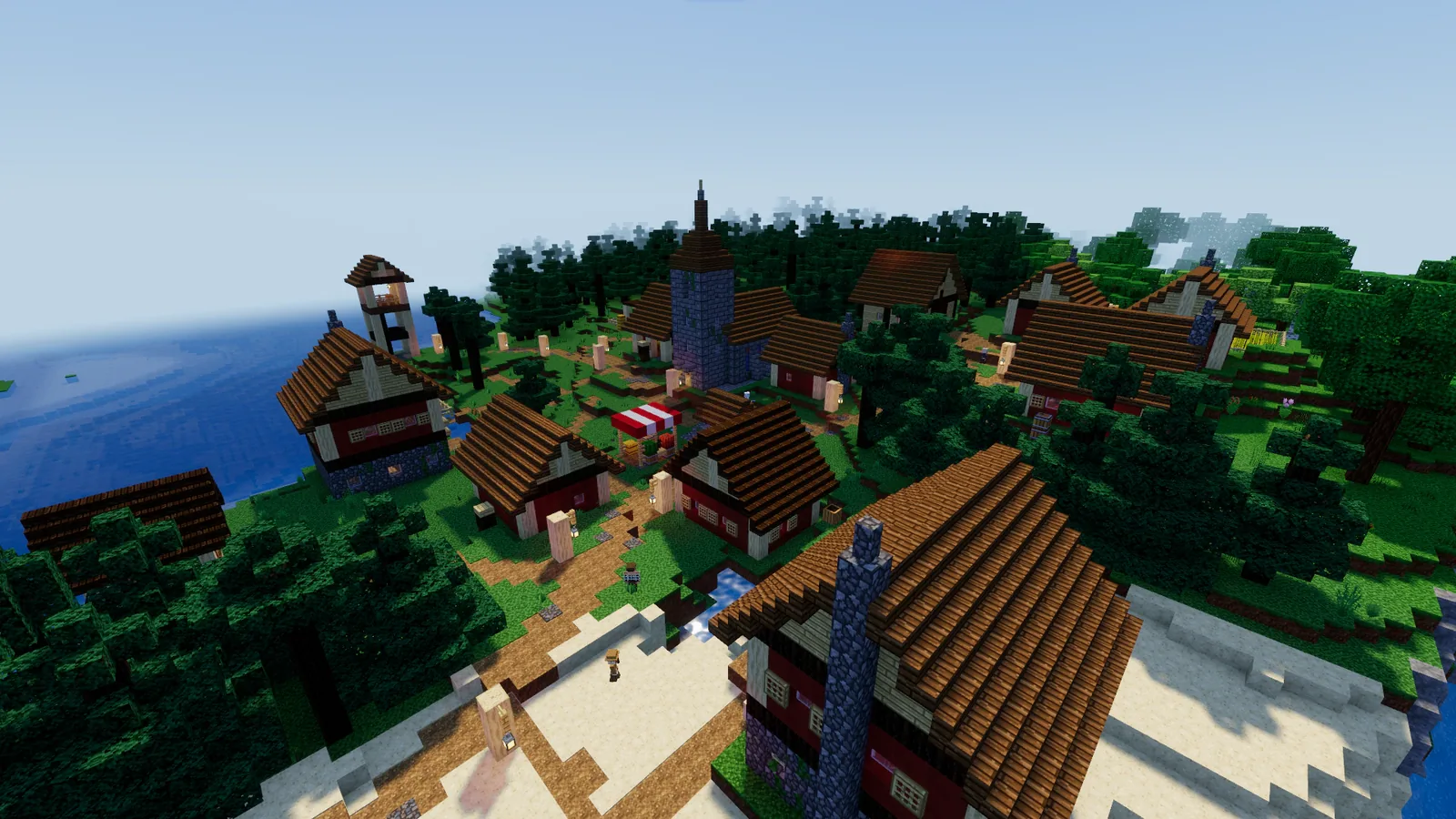 A taiga village of log cabins among spruces